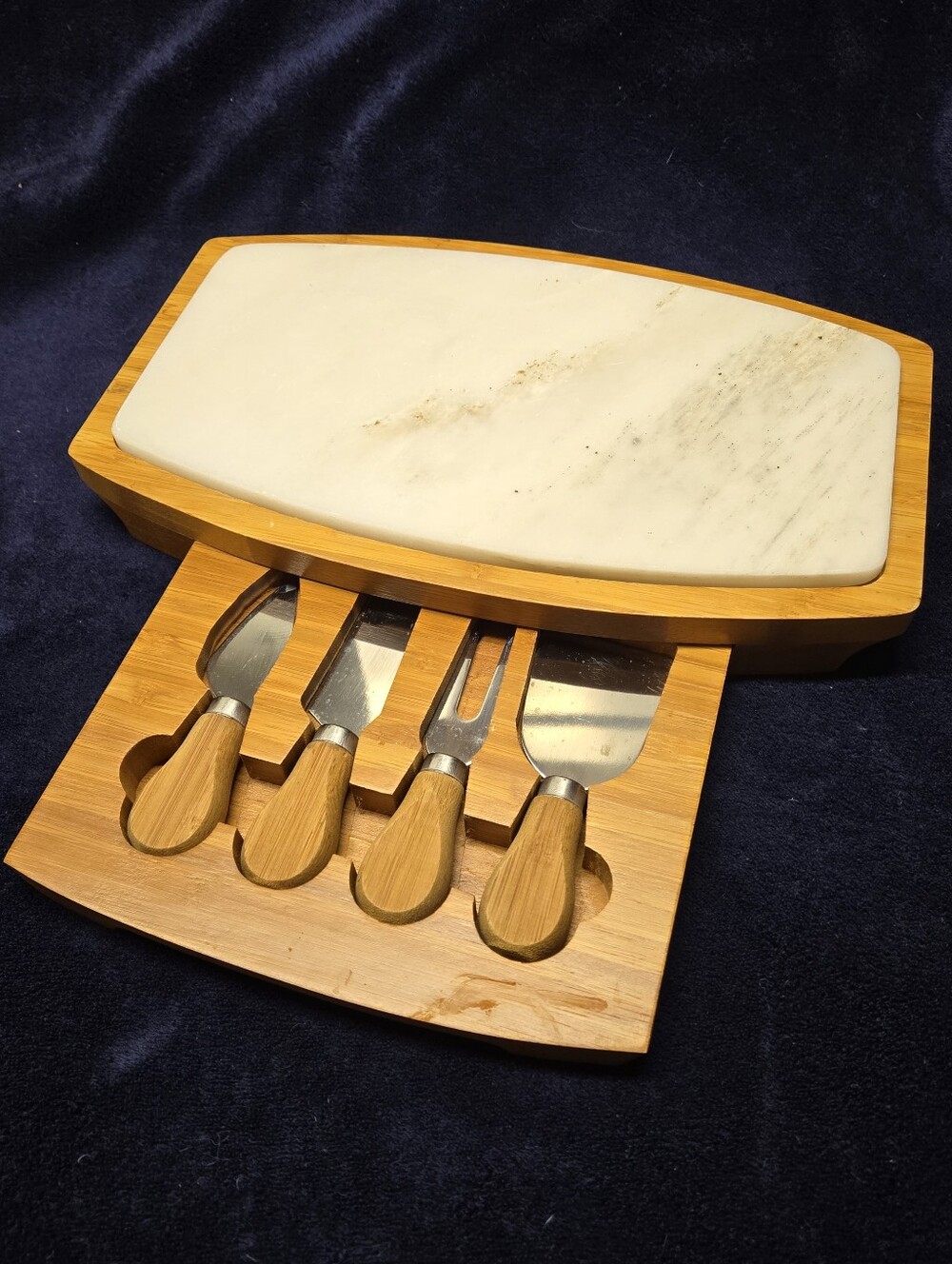 Bamboo and White Marble Cheese Board Set with Knives
